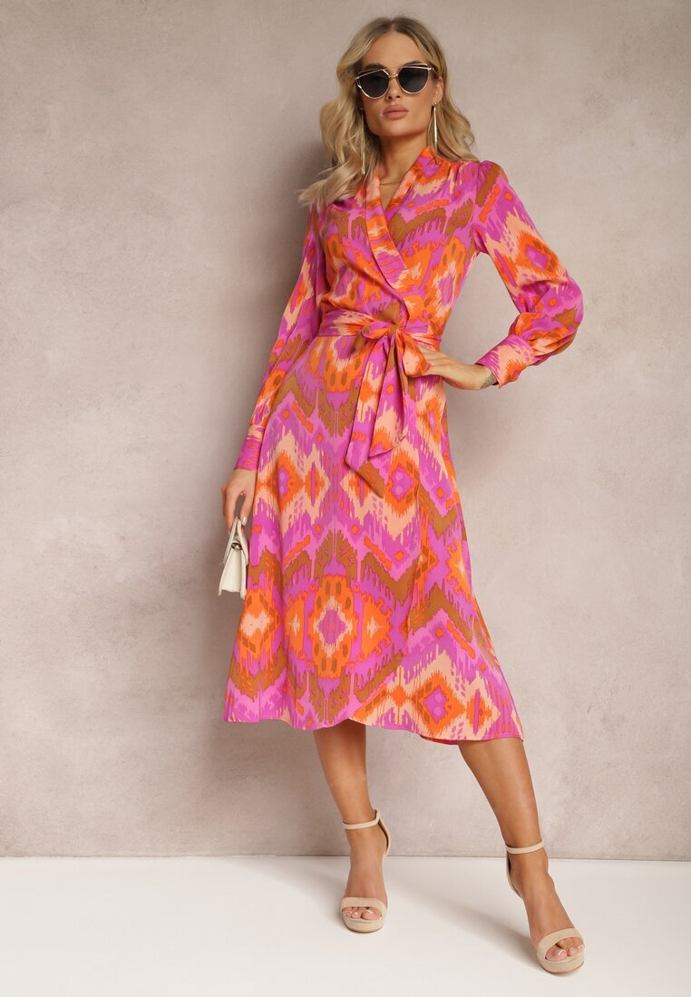 retro & icone Rochie Roz Midi cu Model Ikat cu Decolteu Petrecut și Curea Erdda