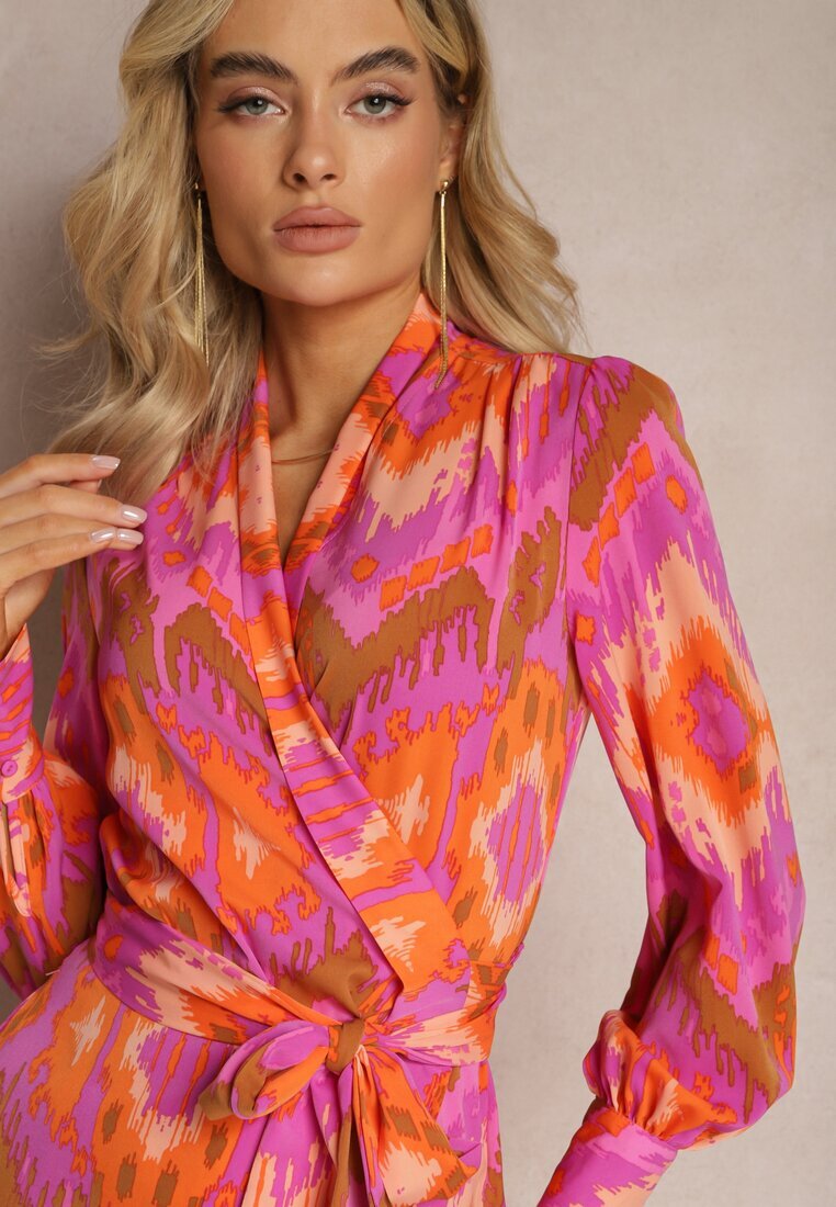retro & icone Rochie Roz Midi cu Model Ikat cu Decolteu Petrecut și Curea Erdda