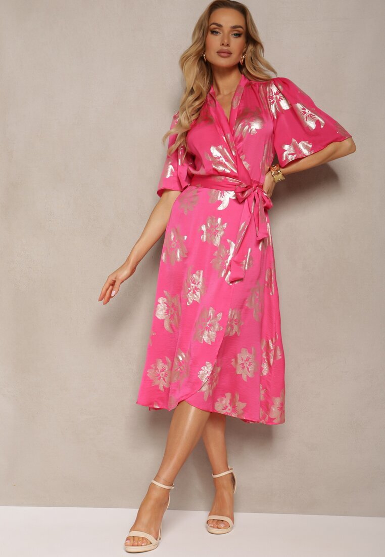 retro & icone Rochie Roz Petrecută cu Imprimeu Floral Metalic cu Cordon din Material în Talie Glerina
