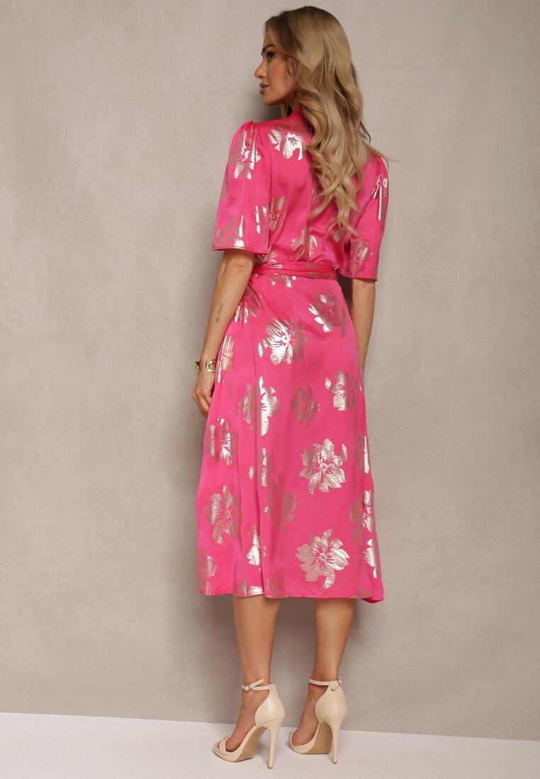 retro & icone Rochie Roz Petrecută cu Imprimeu Floral Metalic cu Cordon din Material în Talie Glerina