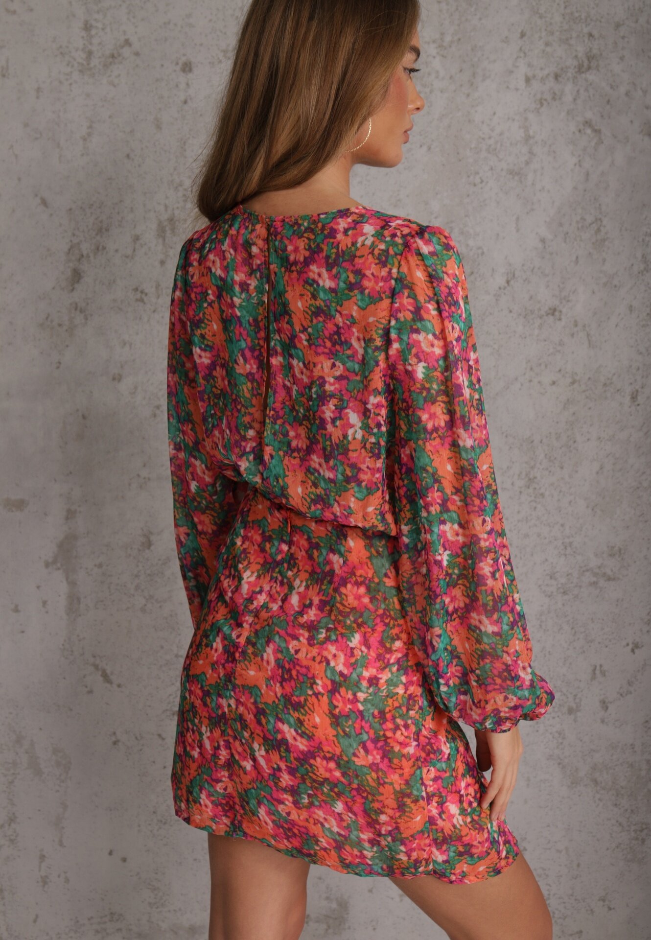 retro & icone Rochie Roz-Portocaliu Scurtă Petrecută cu Imprimeu Floral Ninora