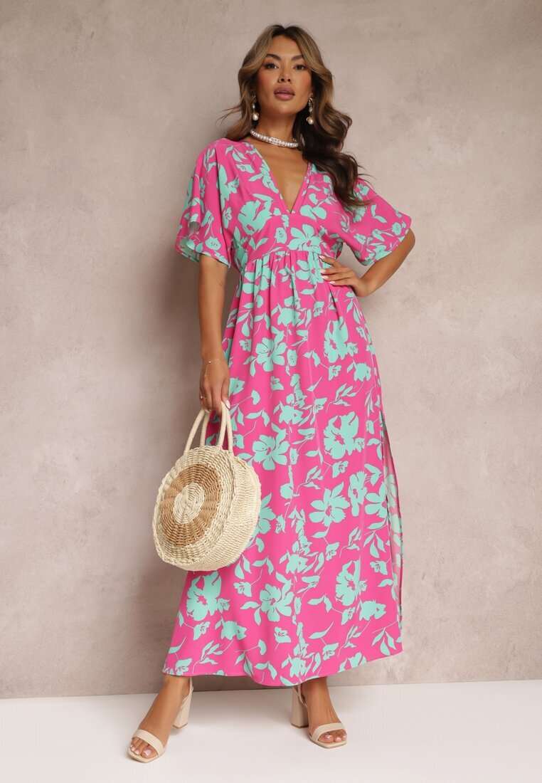 retro & icone Rochie Roz-Verde Evazată Maxi Cu flori Liliac Roseeve