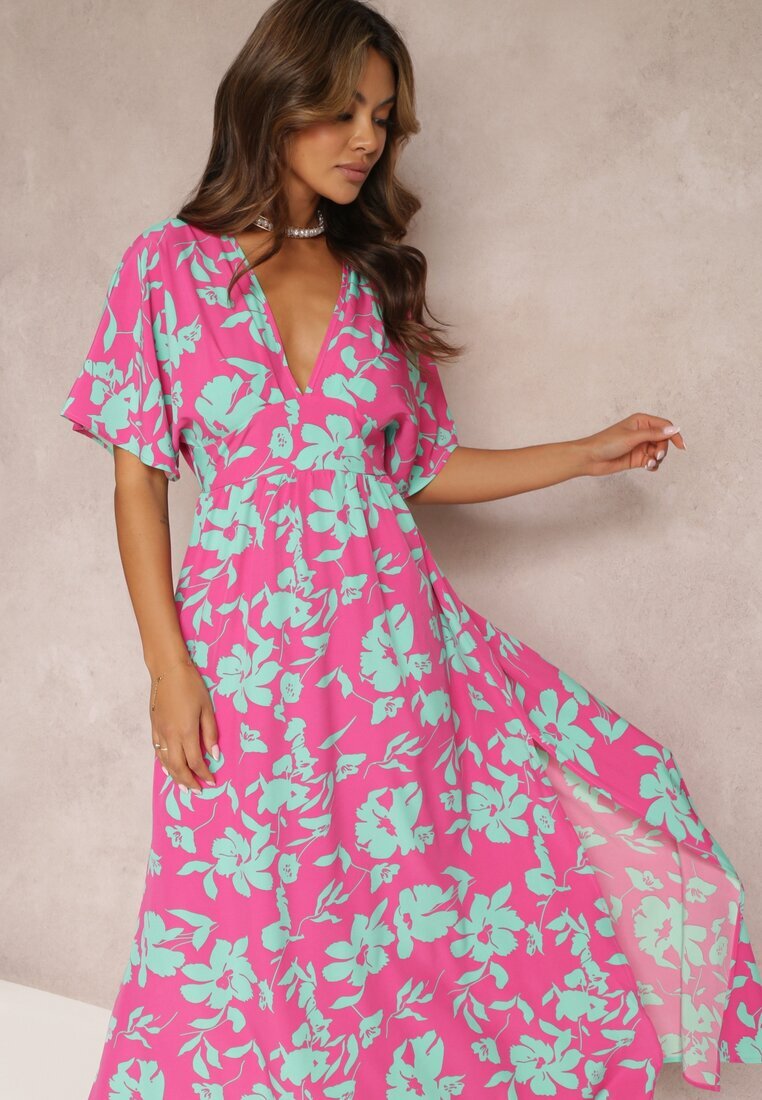 retro & icone Rochie Roz-Verde Evazată Maxi Cu flori Liliac Roseeve