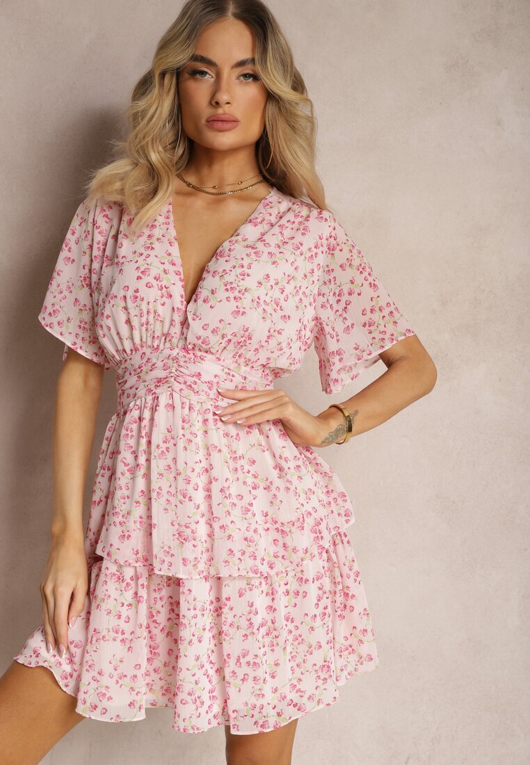 retro & icone Rochie Roză cu croi evazat cu elastic în talie și încrețituri Nerva