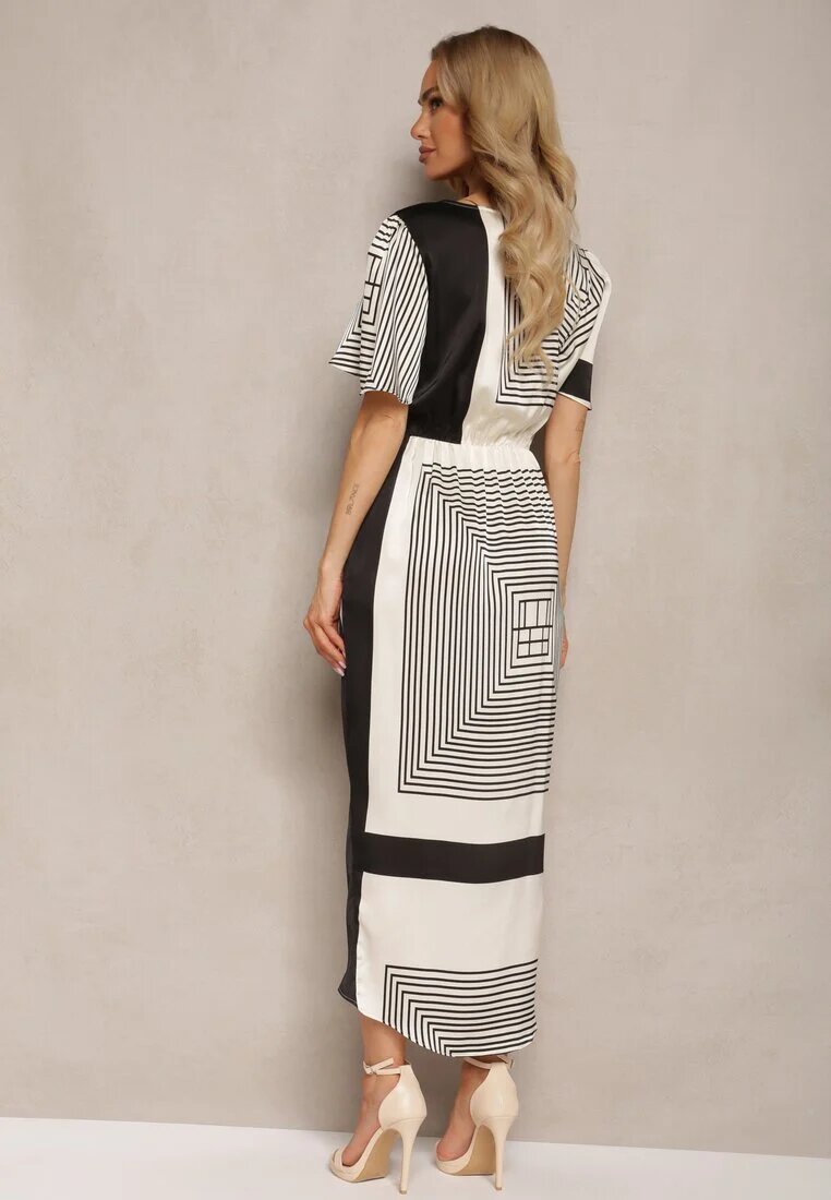 retro & icone Rochie Satinată Negru-Bej cu croială petrecută cu elastic în talie și imprimeu geometric Effiana