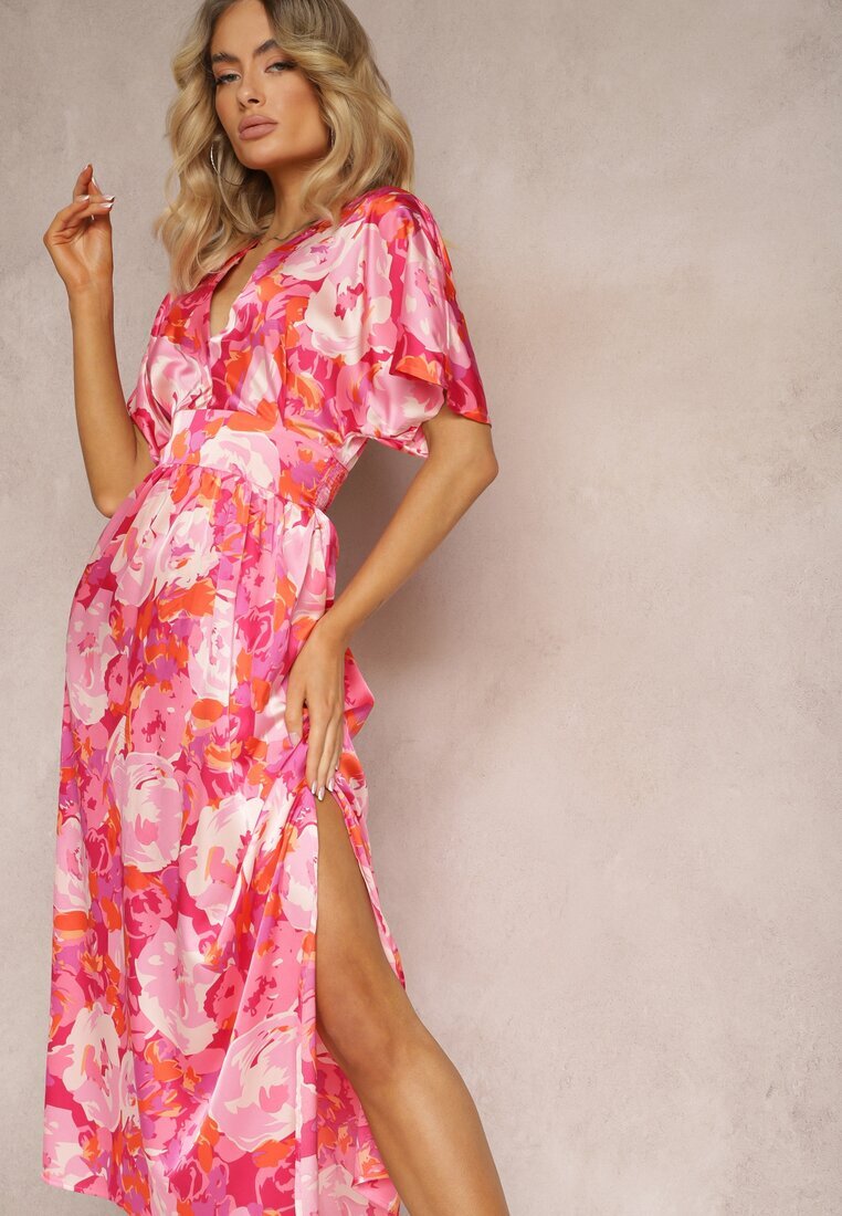 retro & icone Rochie Satine Roz cu Bust Petrecut Mâneci Largi și Croi Evazat Karlemia