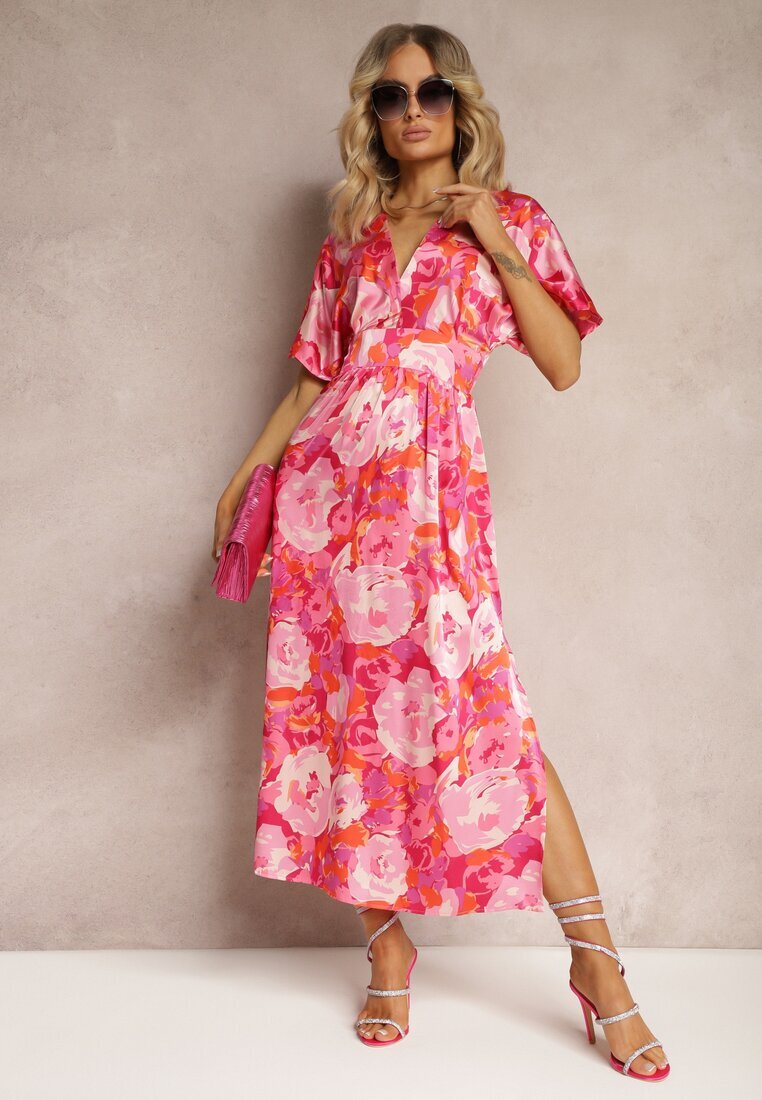 retro & icone Rochie Satine Roz cu Bust Petrecut Mâneci Largi și Croi Evazat Karlemia