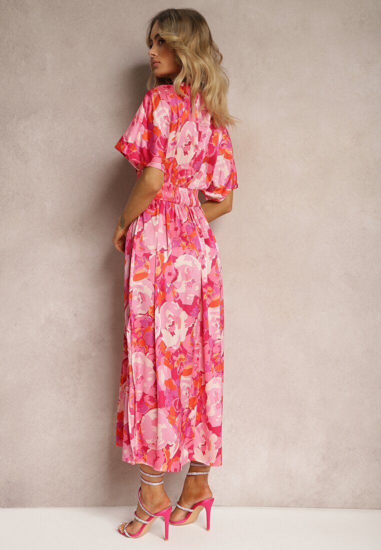 retro & icone Rochie Satine Roz cu Bust Petrecut Mâneci Largi și Croi Evazat Karlemia