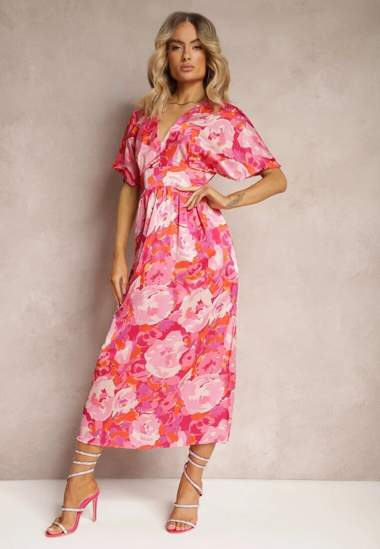 retro & icone Rochie Satine Roz cu Bust Petrecut Mâneci Largi și Croi Evazat Karlemia
