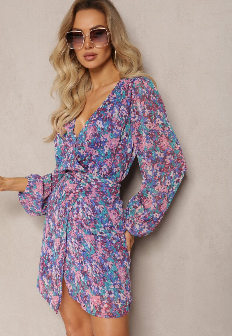 retro & icone Rochie scurtă înfășurată Albastru-Violet cu model floral Ninora