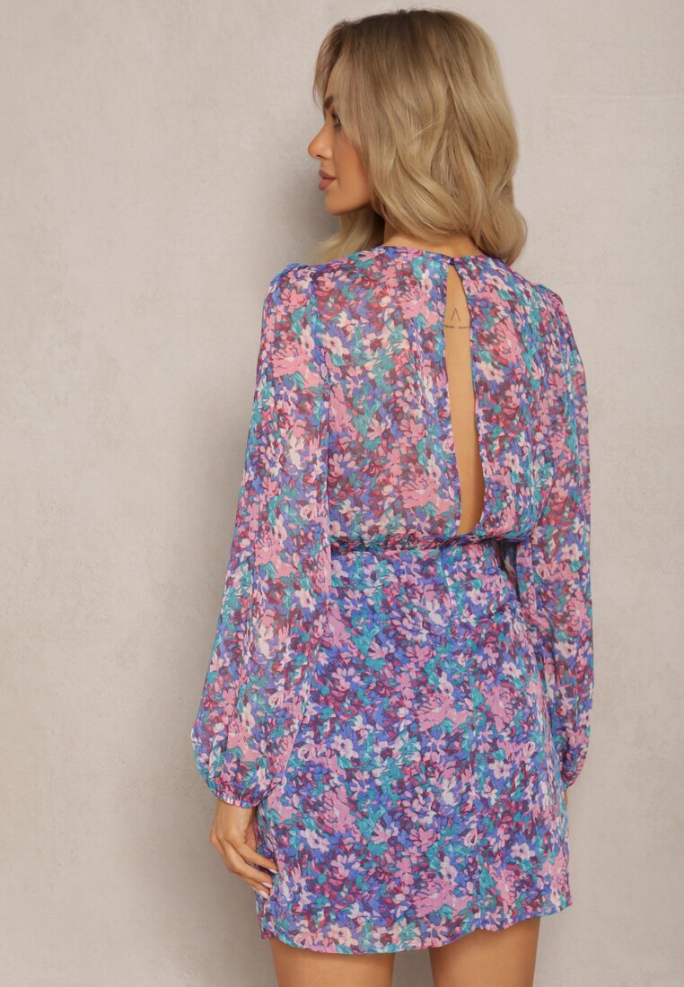 retro & icone Rochie scurtă înfășurată Albastru-Violet cu model floral Ninora