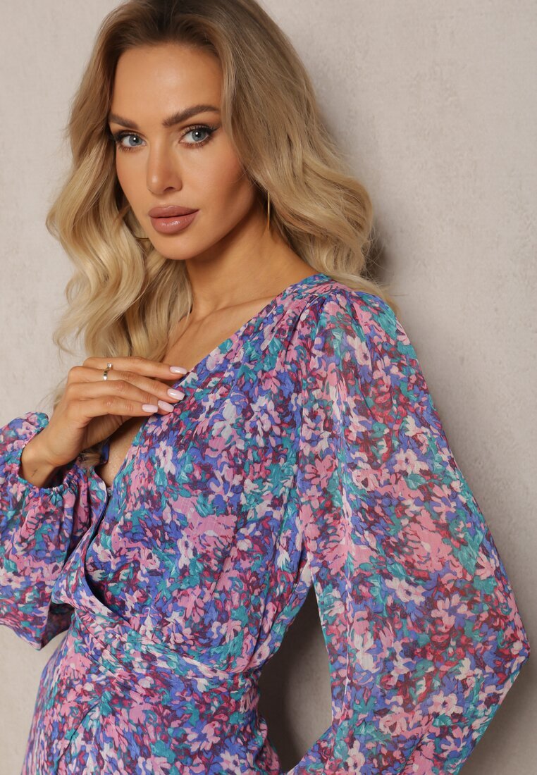 retro & icone Rochie scurtă înfășurată Albastru-Violet cu model floral Ninora