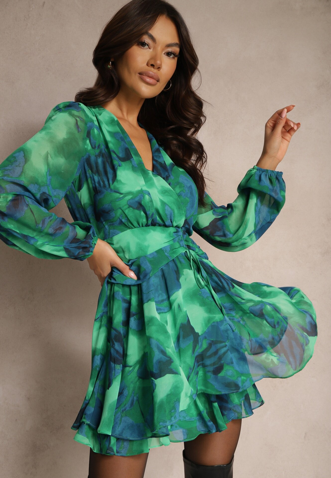 retro & icone Rochie scurtă verde petrecută cu Model Abstract Tie-Dye Mivern