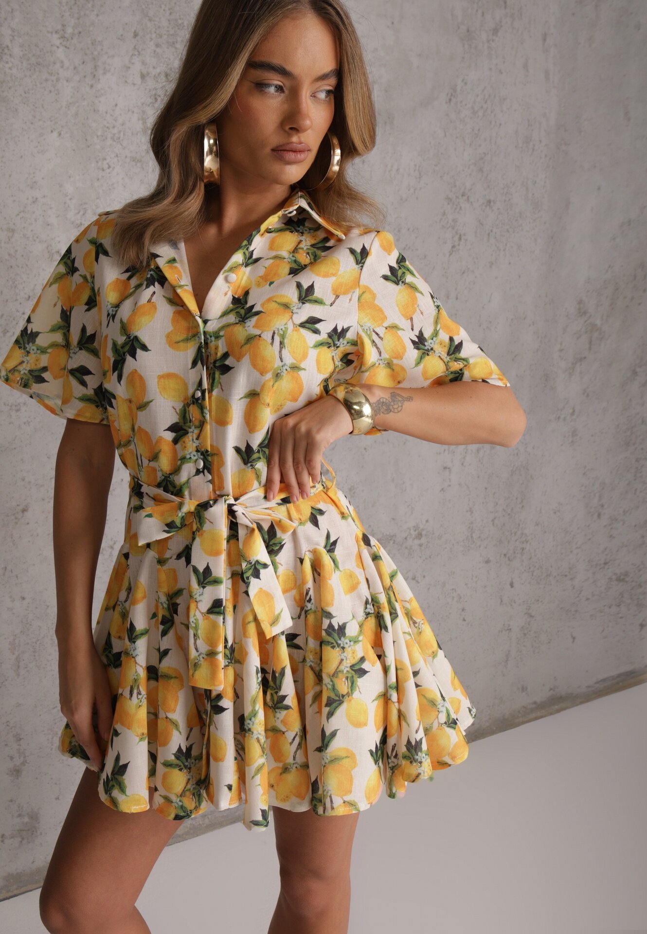retro & icone Rochie tip cămașă Bej Evazată cu cordon legat și mânecă scurtă Lavialane