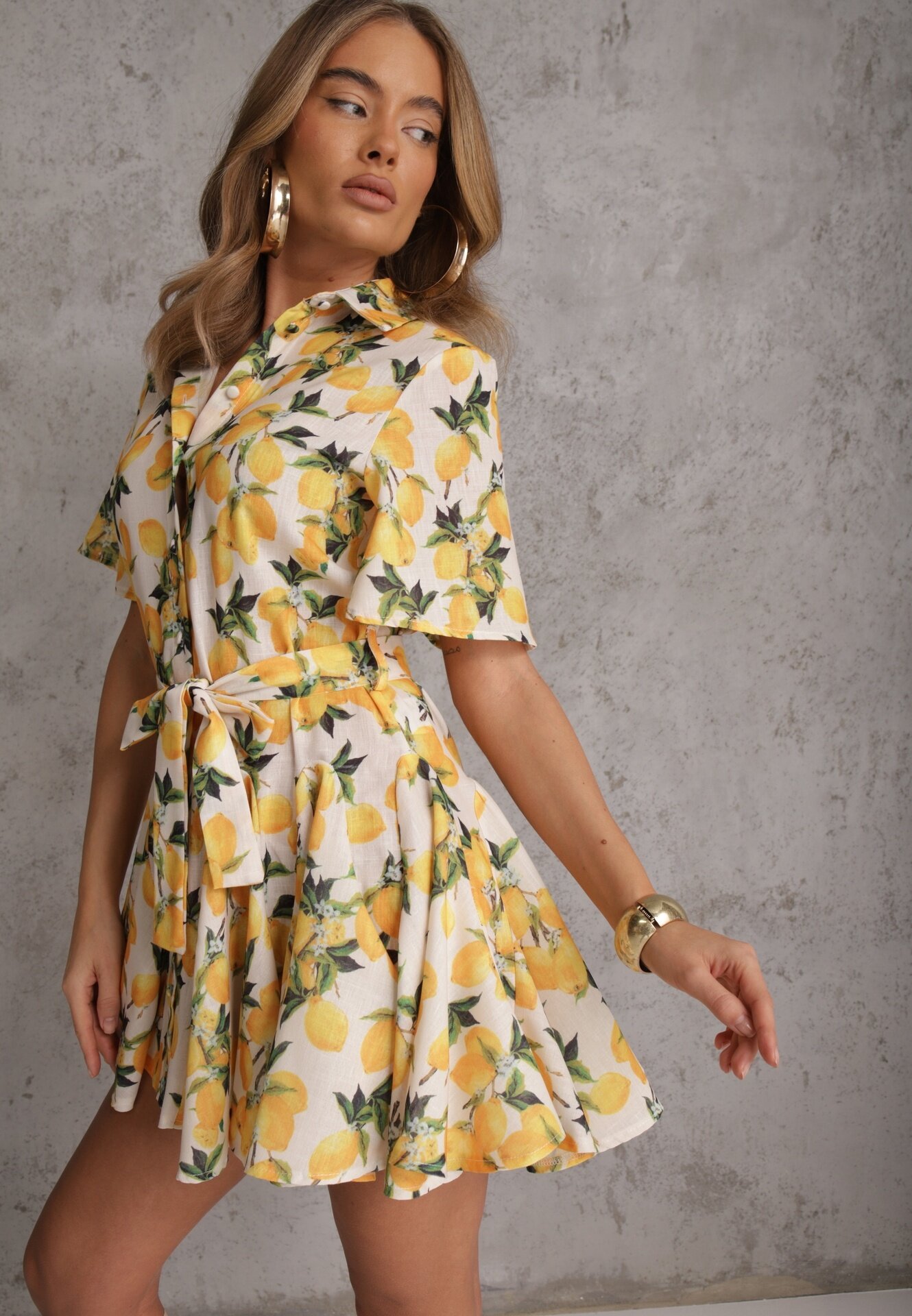 retro & icone Rochie tip cămașă Bej Evazată cu cordon legat și mânecă scurtă Lavialane