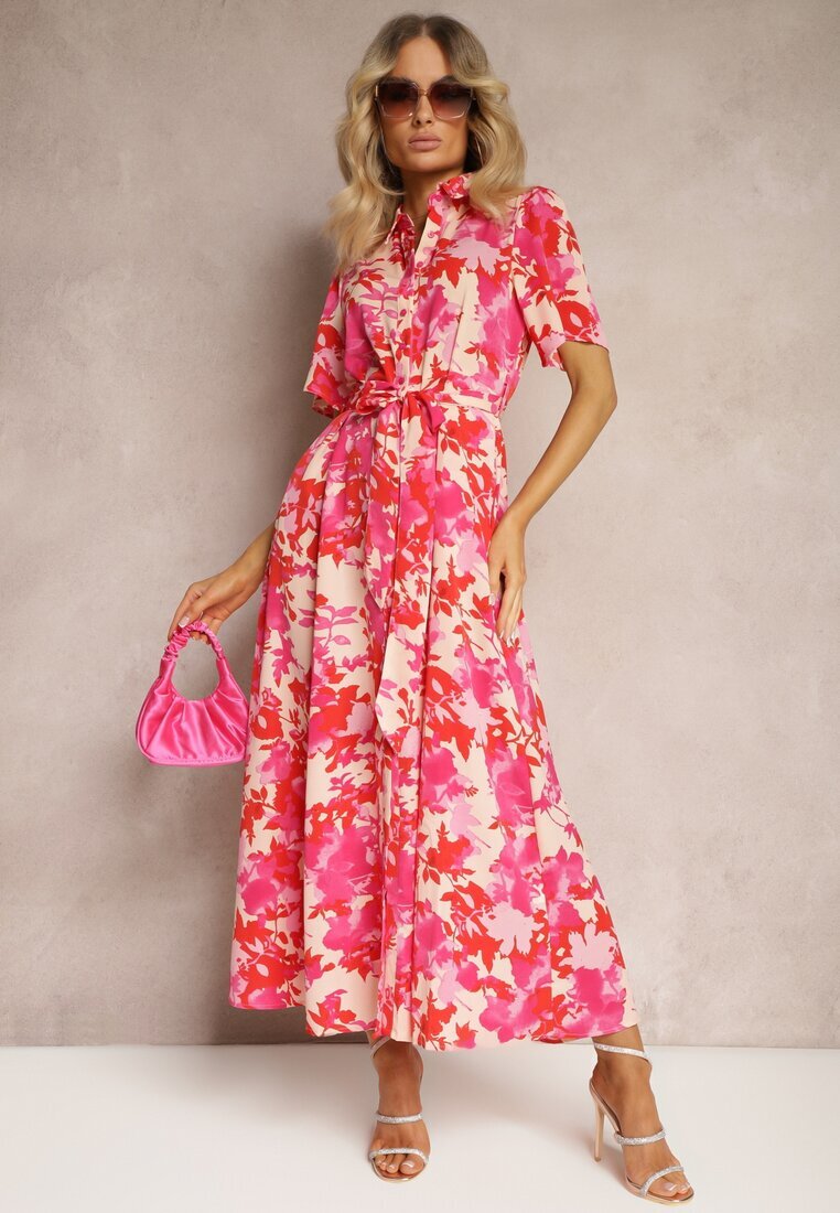 retro & icone Rochie tip cămașă Roșu-Roz cu flori cu mânecă scurtă și cordon din material Moahia