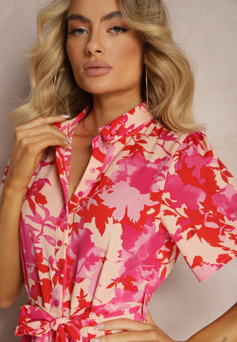 retro & icone Rochie tip cămașă Roșu-Roz cu flori cu mânecă scurtă și cordon din material Moahia