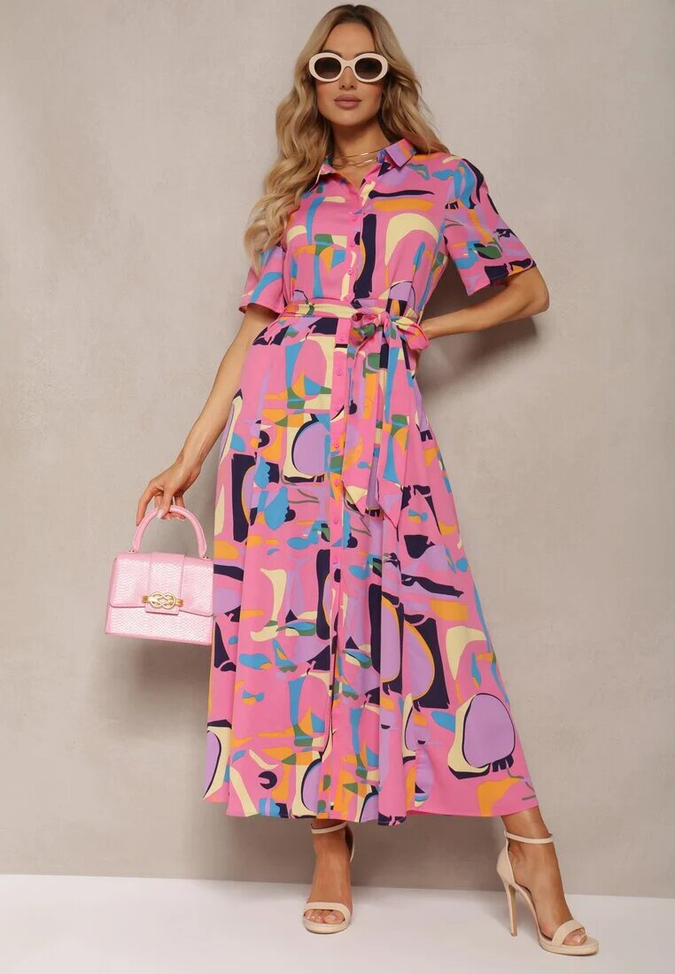 retro & icone Rochie tip cămașă Roz cu Imprimeu Abstract cu Curea din material în talie Archbia