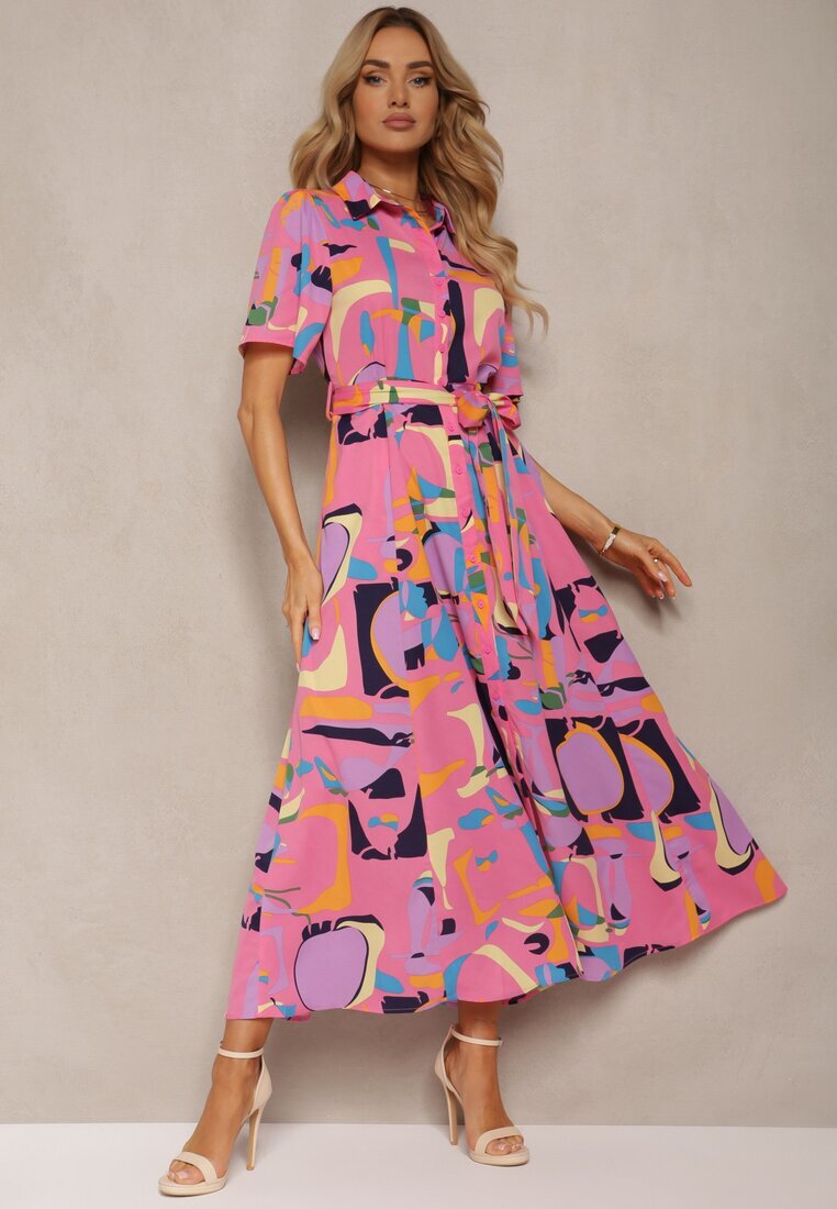 retro & icone Rochie tip cămașă Roz cu Imprimeu Abstract cu Curea din material în talie Archbia