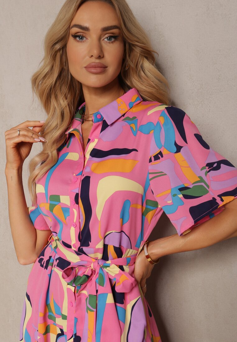 retro & icone Rochie tip cămașă Roz cu Imprimeu Abstract cu Curea din material în talie Archbia