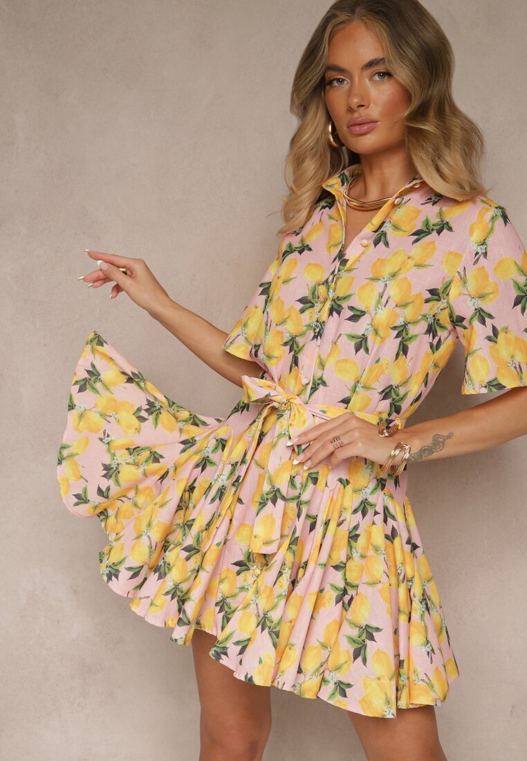 retro & icone Rochie tip cămașă Roz Evazată cu cordon legat și mânecă scurtă Lavialane