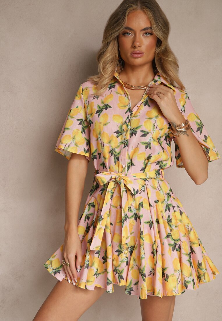 retro & icone Rochie tip cămașă Roz Evazată cu cordon legat și mânecă scurtă Lavialane