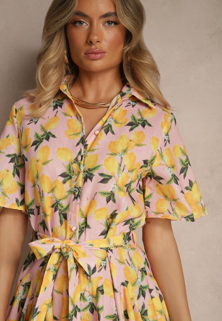 retro & icone Rochie tip cămașă Roz Evazată cu cordon legat și mânecă scurtă Lavialane