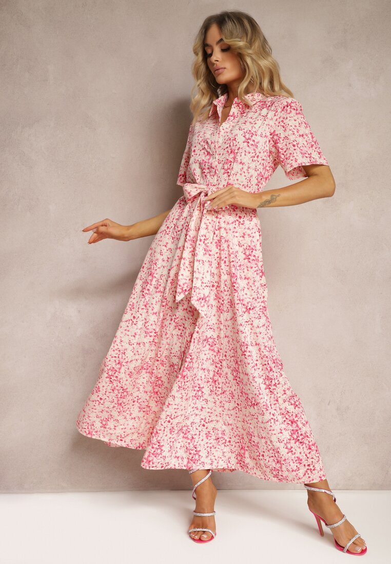 retro & icone Rochie tip cămașă roz florală cu cordon din material Freria
