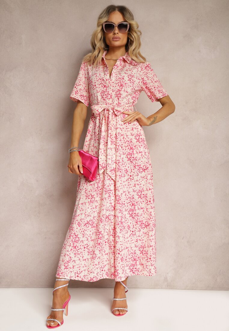retro & icone Rochie tip cămașă roz florală cu cordon din material Freria