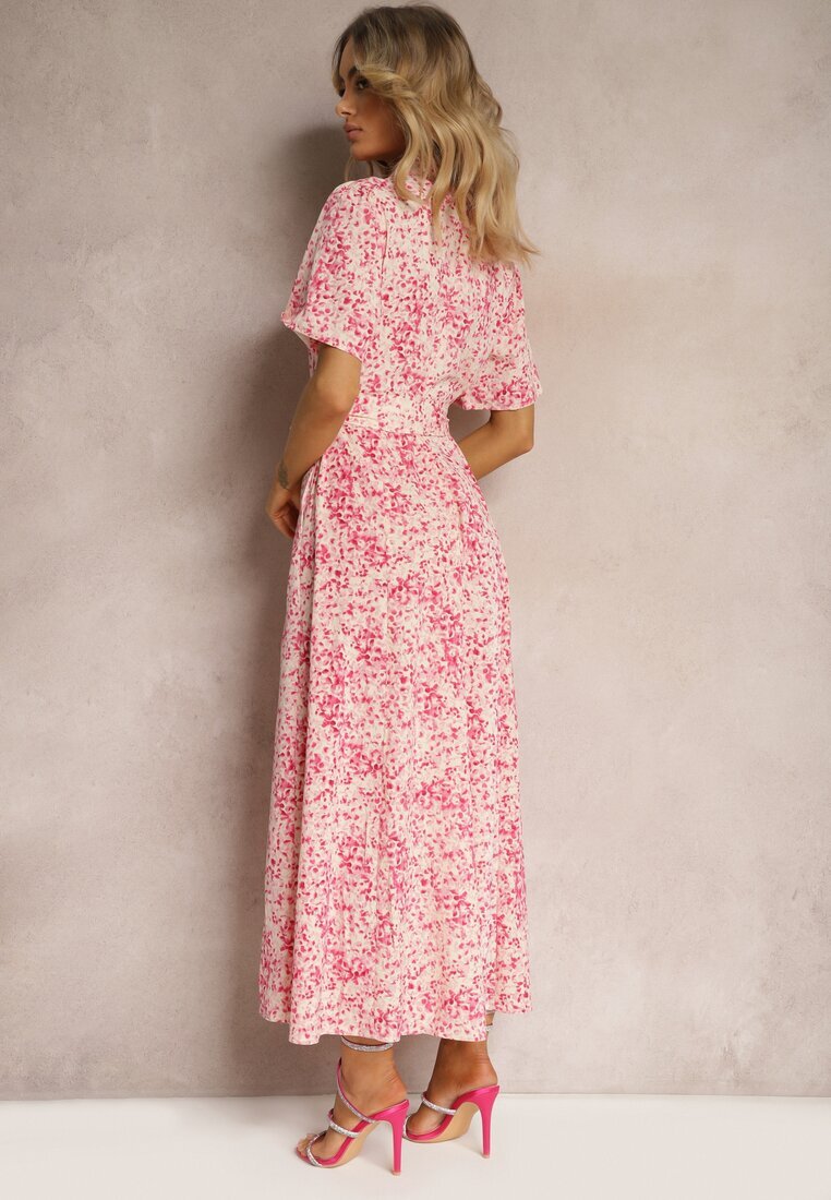 retro & icone Rochie tip cămașă roz florală cu cordon din material Freria