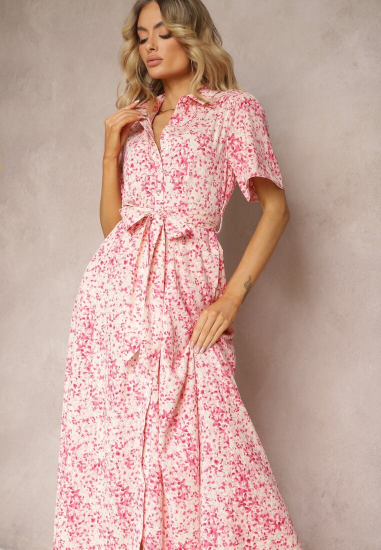 retro & icone Rochie tip cămașă roz florală cu cordon din material Freria