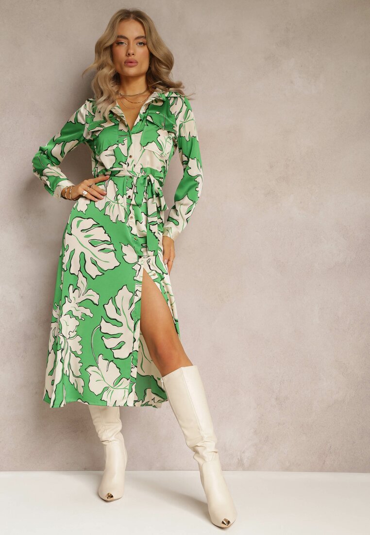 retro & icone Rochie tip cămașă Verde cu centură legată Rume