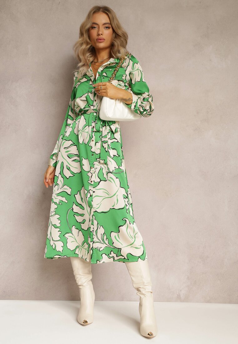 retro & icone Rochie tip cămașă Verde cu centură legată Rume