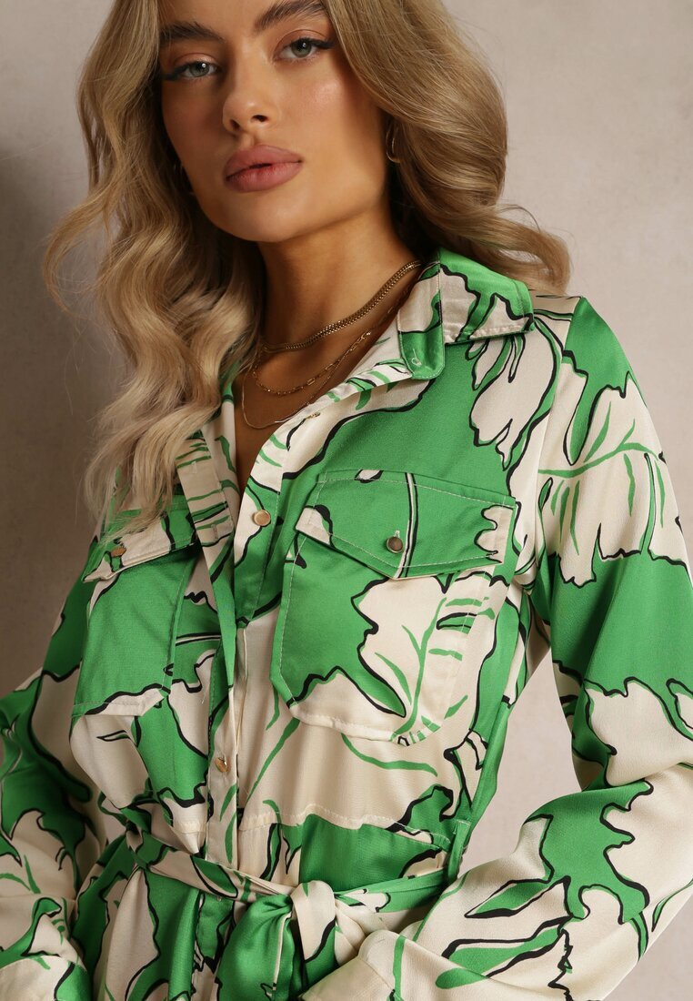 retro & icone Rochie tip cămașă Verde cu centură legată Rume