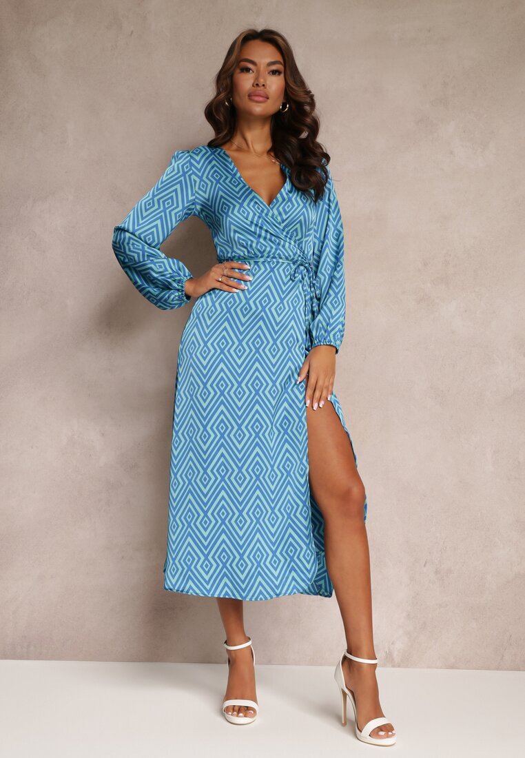 retro & icone Rochie tip petrecută Albastră de satin cu Model Geometric Hurush