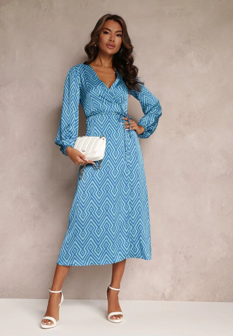 retro & icone Rochie tip petrecută Albastră de satin cu Model Geometric Hurush