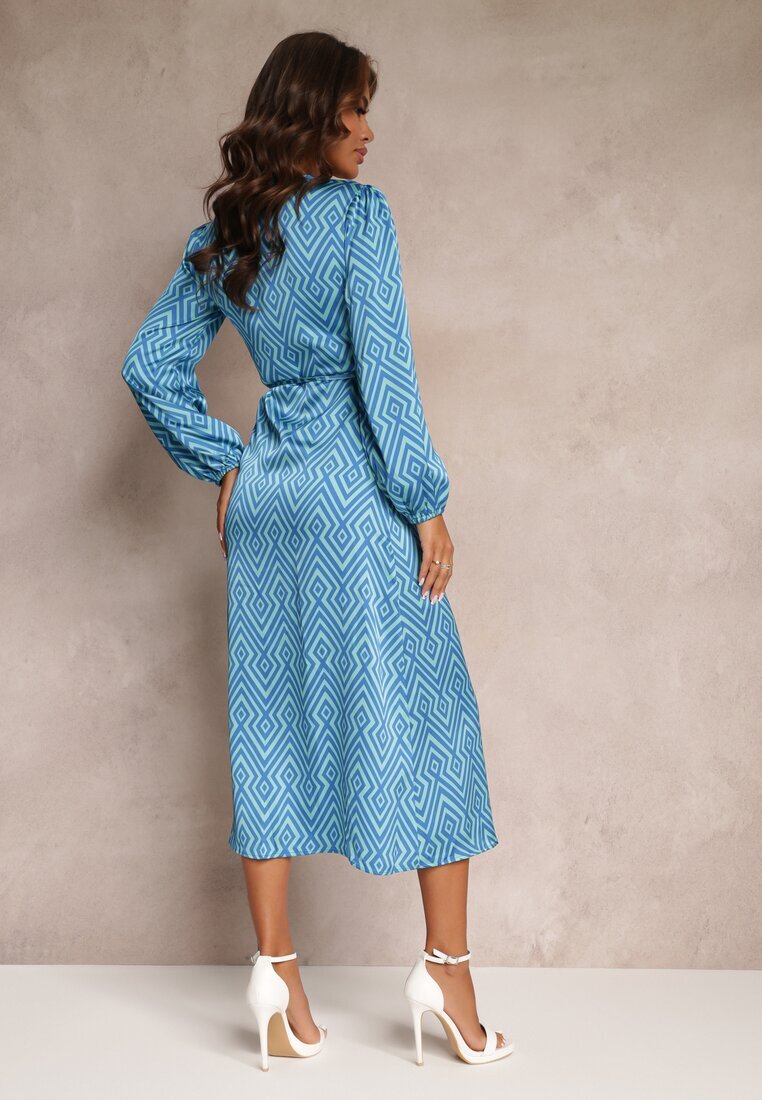 retro & icone Rochie tip petrecută Albastră de satin cu Model Geometric Hurush