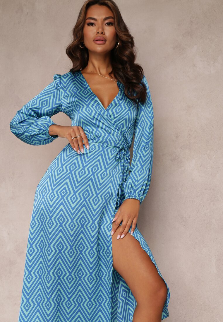 retro & icone Rochie tip petrecută Albastră de satin cu Model Geometric Hurush