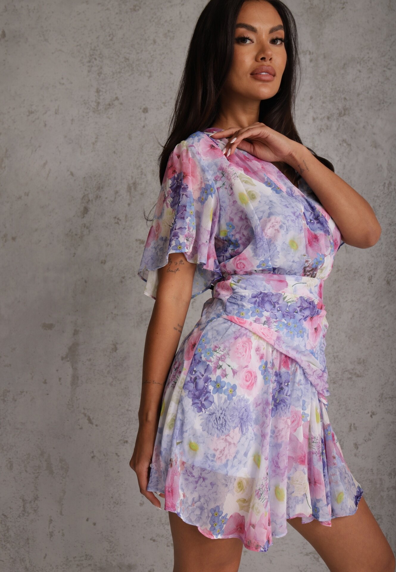 retro & icone Rochie tip portofel cu flori în stil eteric cu strat asimetric Damippe Albastră