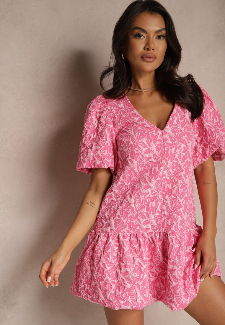 retro & icone Rochie Trapez Roz cu mâneci cu elastic și cu volan la bază Ninatiela