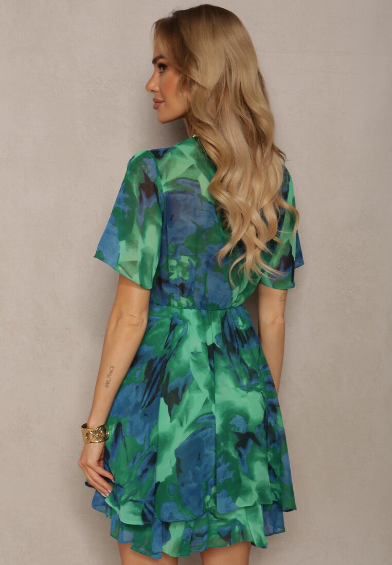 retro & icone Rochie Verde-Albastru cu croială evazată cu elastic în talie și decolteu în V Sannesia