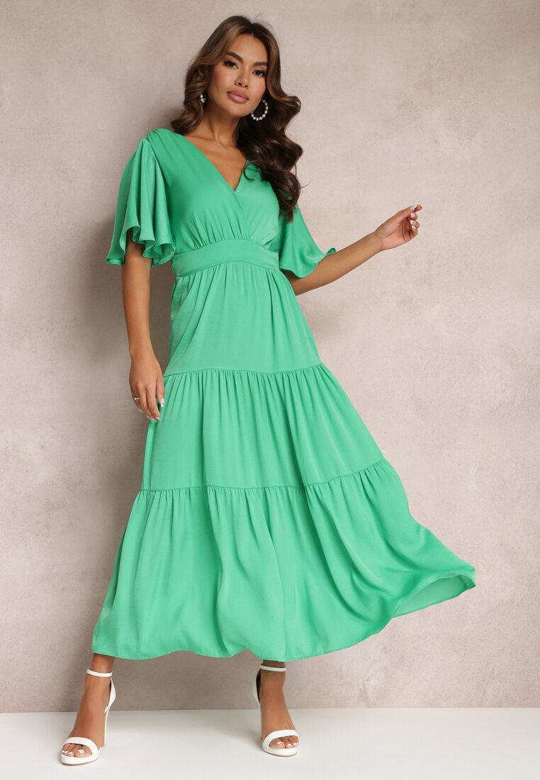 retro & icone Rochie Verde Cloche cu Volane și Spatele Decupat Gallasia