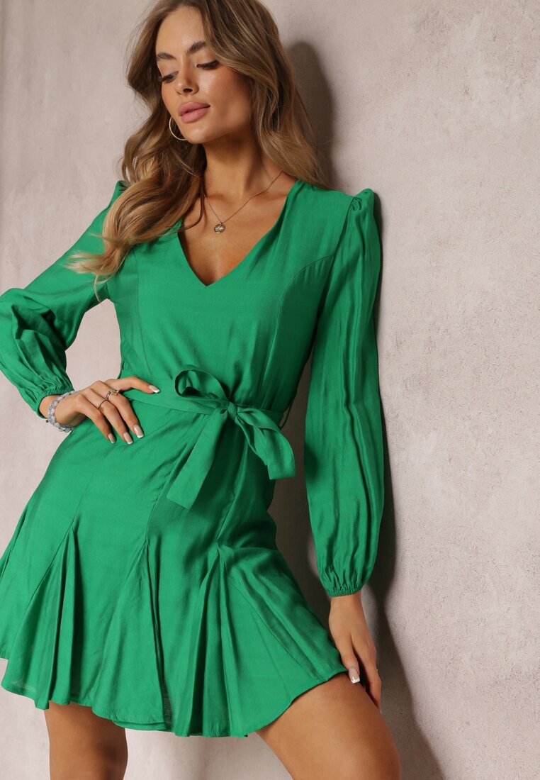 retro & icone Rochie Verde Cloș Mini cu Cordon în Talie Evyna