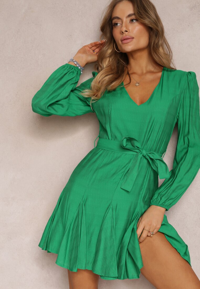 retro & icone Rochie Verde Cloș Mini cu Cordon în Talie Evyna