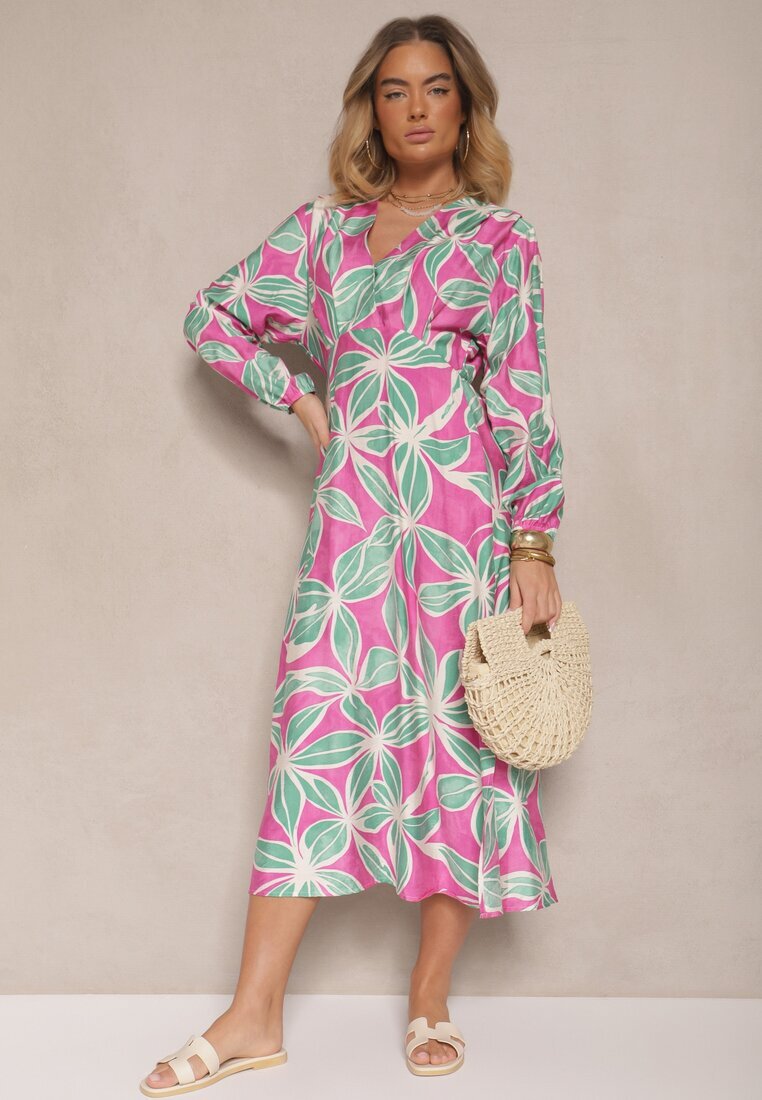 retro & icone Rochie Verde-Fucsia Tip plic din Viscoză cu Imprimeu Floral Frolhiria