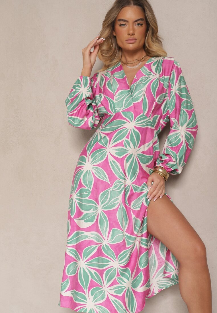 retro & icone Rochie Verde-Fucsia Tip plic din Viscoză cu Imprimeu Floral Frolhiria