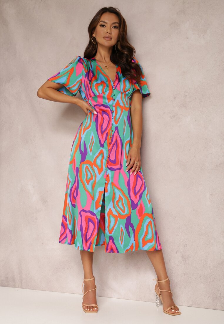 retro & icone Rochie Verde-Roz Eudathe