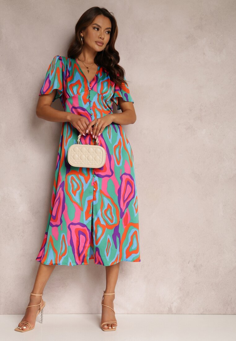 retro & icone Rochie Verde-Roz Eudathe