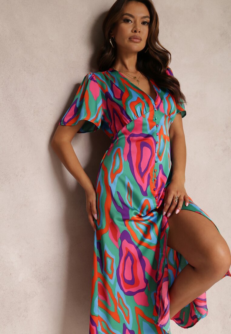 retro & icone Rochie Verde-Roz Eudathe