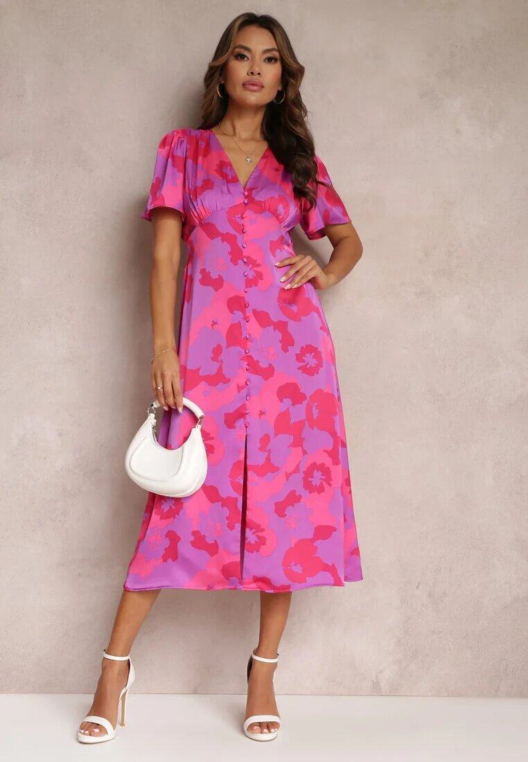 retro & icone Rochie violet evazată cu nasturi florală melanj